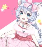  1girl animal_ear_fluff animal_ears aqua_eyes blue_hair bow braid collarbone dress hair_bow jewelry koyomi_(shironeko_project) light_blue_hair long_hair necklace pink_bow pink_dress shironeko_project short_eyebrows solo sunameri_(pixiv3564245) tail teeth thick_eyebrows twin_braids upper_teeth_only wolf_ears wolf_girl wolf_tail 