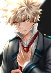  1boy absurdres adjusting_clothes adjusting_necktie bakugou_katsuki blazer blonde_hair boku_no_hero_academia closed_mouth collared_shirt esora-arts grey_jacket highres jacket male_focus necktie red_eyes red_necktie school_uniform shirt short_hair solo spiky_hair u.a._school_uniform white_shirt 