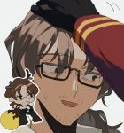  1boy 1other beard_stubble black_gloves brown_eyes brown_hair dante_(limbus_company) e.g.o_(project_moon) glasses gloves golden_apple_(project_moon) gregor_(project_moon) headpat highres limbus_company low_ponytail male_focus meisenlcb open_mouth petting project_moon simple_background smile white_background 