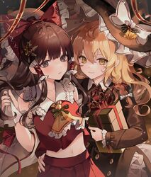  2girls absurdres blonde_hair bow brown_eyes brown_hair closed_mouth hair_between_eyes hair_bow hakurei_reimu hanaya_(fleur) highres kirisame_marisa long_hair multiple_girls parted_lips red_bow smile touhou yellow_eyes 