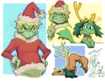  1boy bakugou_katsuki blonde_hair boku_no_hero_academia christmas closed_mouth commentary crossover english_commentary fake_antlers fur_trim habkart hat highres how_the_grinch_stole_christmas looking_at_viewer male_focus max_(how_the_grinch_stole_christmas) midoriya_izuku multiple_views red_eyes red_headwear santa_costume santa_hat short_hair smile spiky_hair the_grinch 