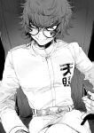  1boy belt evil_grin evil_smile furrowed_brow glasses greyscale grin highres jacket long_sleeves looking_at_viewer male_focus master_detective_archives:_rain_code monochrome na_6 round_eyewear short_hair sitting smile solo spoilers teeth zilch_alexander 