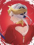  1girl back_cutout bbb52486717 clothing_cutout commentary_request dress edelgard_von_hresvelg eyelashes fake_horns fire_emblem fire_emblem:_three_houses from_behind hair_bun heart_cutout highres horns long_hair looking_back parted_lips puffy_sleeves red_background red_dress solo teeth upper_body violet_eyes white_hair 