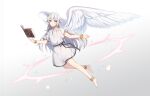  1other absurdres ambiguous_gender anklet barefoot blue_eyes book bracelet feathered_wings floating floating_book floating_object full_body grey_background grey_hair highres jewelry long_hair original short_sleeves sisi:shishi smile solo white_wings wings 