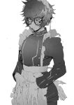 1boy alternate_costume apron closed_mouth commentary_request cowboy_shot crossdressing embarrassed enmaided frilled_apron frills glasses greyscale hair_between_eyes highres jacket long_sleeves looking_at_viewer maid maid_headdress male_focus male_maid master_detective_archives:_rain_code monochrome na_6 round_eyewear short_hair simple_background solo standing waist_apron white_background zilch_alexander 