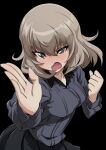  1girl black_background black_skirt blue_eyes blush clenched_hand commentary dress_shirt ehirorotoon fighting_stance frown girls_und_panzer grey_hair grey_shirt highres itsumi_erika kuromorimine_school_uniform long_sleeves looking_at_viewer medium_hair open_mouth pleated_skirt school_uniform shirt simple_background skirt solo standing wing_collar 