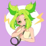  +_+ :3 cable camisole deformed electric_plug electricity green_eyes green_hair highres holding holding_cable kukurixi league_of_legends lightning_bolt_symbol mouth_hold parted_bangs recharging twintails white_camisole zeri_(league_of_legends) 