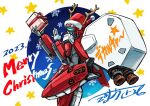  airplane_wing antlers bow choujikuu_yousai_macross cowboy_shot gift hand_gesture hands_up hat highres holding holding_gift kawamori_shouji leg_up looking_at_viewer macross mecha merry_christmas no_humans pom_pom_(clothes) reindeer_antlers ribbon robot santa_hat simple_background sketch snowflakes star_(symbol) thrusters vf-1j white_background wings 