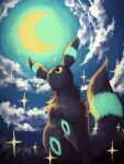  7_phi_3 alternate_color animal_focus black_fur closed_mouth clouds commentary_request crescent_moon from_below highres huge_moon moon night night_sky no_humans pokemon pokemon_(creature) shiny_pokemon sitting sky sparkle umbreon yellow_eyes 