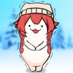  1girl :3 :d beanie blue_archive blurry blurry_background braid brown_headwear commentary_request depth_of_field full_body hair_flaps hat long_hair looking_at_viewer low_twintails lowres nazomaki_(blue_archive) o_o redhead rumiya9i smile snow solo standing trembling twin_braids twintails very_long_hair 