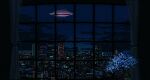 building city_lights cityscape clouds commentary_request curtains indoors night night_sky no_humans original orval reflection scenery shooting_star sky star_(sky) starry_sky window 