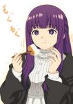 1girl :t black_jacket breasts closed_mouth commentary_request dress eating fern_(sousou_no_frieren) food food_on_face fork hands_up holding holding_fork isse jacket long_hair long_sleeves medium_breasts open_clothes open_jacket puffy_long_sleeves puffy_sleeves purple_hair solo sousou_no_frieren translation_request upper_body violet_eyes white_background white_dress 