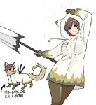  1girl absurdres animal_ears arm_up brown_eyes brown_hair brown_pants drawstring drifting_fox e.g.o_(project_moon) fox_ears gloves grey_gloves highres hood hood_up lclca limbus_company open_mouth outis_(project_moon) pants project_moon rain simple_background solo white_background 