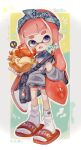  1girl bag black_bag blue_hairband border bread commentary_request crab egg fangs food full_body green_background grey_sweater hairband highres holding holding_food inkling inkling_girl long_hair multicolored_background open_mouth pointy_ears red_footwear redhead shorts shoulder_bag shrimp shrimp_tempura slippers socks solo splatoon_(series) splatoon_3 sweater tempura tentacle_hair two-tone_background una_ku_277 violet_eyes white_border white_socks yellow_background 