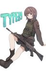  1girl absurdres assault_rifle brown_eyes brown_hair brown_jacket brown_shorts chest_rig english_text expressionless gun highres howa_type_89 jacket looking_at_viewer okapi_(yomaigoto) original rifle scope short_hair shorts sitting solo weapon white_background 