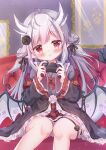 1girl :3 ahoge animal_ears blush commentary_request couch dragon dragon_tail dragon_wings grey_hair hair_ornament hanasakichu handheld_game_console highres horns indie_virtual_youtuber kamuri_amuru long_hair looking_at_viewer playing_games pointy_ears red_eyes sitting solo tail thighs virtual_youtuber wings
