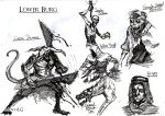  1boy 1girl artist_name blood capra_demon dark_souls_(series) dark_souls_i demon dog dual_wielding greyscale griggs_of_vinheim highres holding holding_knife holding_sword holding_torch holding_weapon hood hood_up knife menaslg monochrome multiple_others sketch sword torch undead_merchant_(female) weapon 