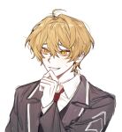  1boy blonde_hair hand_up highres limbus_company limc_gil41 male_focus necktie project_moon red_necktie shirt short_hair sinclair_(project_moon) solo suit sweat upper_body white_background white_shirt yellow_eyes 