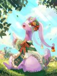  animal_focus bell blue_sky clothed_pokemon clouds colored_skin commentary_request goodra green_eyes highres leaf no_humans on_grass open_mouth pokemon pokemon_(creature) purple_skin rongai28 sky slime_(substance) sunlight tail 
