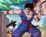  2boys black_eyes black_hair blue_jumpsuit blue_sky brothers clouds day dragon_ball dragon_ball_z jumpsuit multiple_boys muscular muscular_male orange_jumpsuit outdoors rom_(20) short_hair siblings sky son_gohan son_goten training tree 