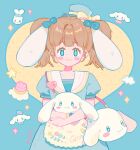  1girl :3 animal_ears apron back_cutout bead_bracelet beads blue_background blue_bow blue_dress blue_eyes blue_headwear blue_sleeves blush_stickers bow bracelet brown_bag brown_hair character_bag chinese_commentary cinnamoroll cinnamoroll_(cosplay) closed_mouth clothing_cutout clouds collared_dress colored_eyelashes commentary_request cookie cosplay cowboy_shot creature crossed_arms dog_ears dress floppy_ears floral_print food hair_bow hat hat_bow head_only highres holding holding_creature jewelry lace-trimmed_apron lace_trim long_hair looking_at_viewer mini_hat mini_top_hat original polka_dot polka_dot_background puffy_short_sleeves puffy_sleeves sailor_collar sanrio short_sleeves smile solo sparkle star_(symbol) straight-on top_hat twintails twitter_username two-tone_background waist_apron watch watch white_apron white_sailor_collar yellow_background yellow_bow yellow_pupils yeshisi 