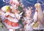  3girls angel_wings animal_ear_fluff animal_ears black_gloves black_pantyhose blonde_hair blue_archive blush capelet christmas christmas_tree double_bun dress feathered_wings flower fox_ears gloves hair_bun hair_flower hair_ornament halo holding holding_sack light_brown_hair long_hair long_sleeves mashiro_aa mika_(blue_archive) multiple_girls nagisa_(blue_archive) open_mouth pantyhose peroro_(blue_archive) pink_flower pink_hair pink_halo red_capelet red_dress sack seia_(blue_archive) smile thigh-highs white_dress white_flower white_thighhighs white_wings wings yellow_eyes yellow_halo 