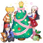  1girl 2boys arutarika_(ri_kaoekaki) barry_(pokemon) beanie beret black_hair blonde_hair boots buttons chimchar chingling christmas christmas_tree closed_mouth coat commentary_request green_scarf hair_ornament hairclip hat hikari_(pokemon) holding holding_pokemon jacket long_hair long_sleeves lucas_(pokemon) multiple_boys over-kneehighs pants piplup pokemon pokemon_(creature) pokemon_dppt pokemon_platinum red_coat red_headwear scarf shoes short_hair smile starter_pokemon_trio striped striped_jacket thigh-highs tree turtwig white_background 