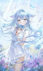  1girl absurdres animal_ears bare_arms blue_eyes blue_flower blue_hair blush cat_ears closed_mouth day dress field floating_hair flower flower_field hair_between_eyes hair_flower hair_ornament highres hiiragisoyogi holding holding_flower long_hair looking_at_viewer original outdoors pink_flower short_dress sleeveless sleeveless_dress smile solo sundress sunlight thigh_strap very_long_hair white_dress 