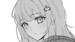  1girl danganronpa_(series) danganronpa_2:_goodbye_despair from_side galaga greyscale hair_ornament kusatakesi looking_at_viewer looking_to_the_side medium_hair monochrome nanami_chiaki portrait solo teeth 