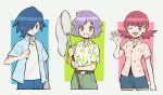  blue_eyes blue_hair bugsy_(pokemon) butterfly_net closed_mouth door_scope falkner_(pokemon) green_shorts hair_over_one_eye hand_net highres holding holding_butterfly_net open_mouth pink_eyes pink_hair pokemon pokemon_hgss short_hair shorts whitney_(pokemon) 