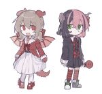  2girls black_necktie black_skirt bow brown_hair crea_flankenstein dragon_horns dragon_tail dragon_wings dress fangs funamusea hair_bow highres horns jacket looking_at_viewer multicolored_hair multiple_girls necktie open_mouth poemi_(haiiro_teien) red_bow red_jacket red_thighhighs short_twintails skirt smile split-color_hair streaked_hair tail thigh-highs twintails wenyu19_19 white_dress wings 