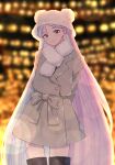  1girl alternate_costume black_eyes blurry blurry_background bokeh braid buttons closed_mouth coat commentary cowboy_shot depth_of_field eyelashes fur_hat grey_coat hat head_tilt highres iono_(pokemon) kana_(kanna_runa0620) long_hair looking_at_viewer multicolored_hair pink_hair pokemon pokemon_sv scarf smile solo sparkle thigh-highs two-tone_hair white_headwear white_scarf 