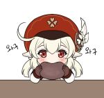  1girl appletea blonde_hair blush cabbie_hat chibi child clover_print eating feathers genshin_impact gloves hat klee_(genshin_impact) korean_text long_pointy_ears pointy_ears red_eyes simple_background single_hair_intake solo translation_request upper_body white_background 