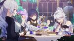  3girls ahoge annoyed bare_shoulders black_flower black_sleeves breasts bronya_zaychik bronya_zaychik_(silverwing:_n-ex) brown_gloves cake chair chinese_commentary closed_mouth crown cup earrings eating feeding flower food fork gloves grey_eyes grey_hair hand_on_own_head high_ponytail highres holding holding_food holding_spoon homu_(honkai_impact) honkai_(series) honkai_impact_3rd jewelry kiana_kaslana kiana_kaslana_(herrscher_of_finality) large_breasts looking_at_another multiple_girls official_art official_wallpaper open_mouth raiden_mei single_glove sitting smile spoilers spoon star-shaped_pupils star_(symbol) symbol-shaped_pupils violet_eyes white_hair white_sleeves 