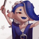  1girl blue_shawl chest_sarashi commentary_request ear_piercing ha_r_a_k hair_over_one_eye hand_fan highres holding holding_fan medium_hair open_mouth piercing red_eyes sarashi shawl shiver_(splatoon) solo splatoon_(series) splatoon_3 star_(symbol) teeth tentacle_hair upper_body white_background 