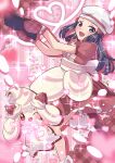  1girl :d ;d absurdres alcremie apron black_footwear blue_hair come2traveling dress feet_out_of_frame highres hikari_(pokemon) leg_up long_hair looking_at_viewer loose_socks mittens one_eye_closed pokemon pokemon_(creature) pokemon_dppt puffy_short_sleeves puffy_sleeves red_dress red_mittens short_sleeves smile socks valentine white_apron white_headwear white_socks 