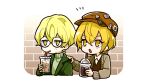  1boy 1girl blonde_hair chibi don_quixote_(project_moon) drinking drinking_straw glasses jacket lcwy4149 limbus_company open_mouth project_moon short_hair sinclair_(project_moon) sweater upper_body vest yellow_eyes 