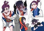  1boy 1girl absurdres black_hair blue_shirt blueberry_academy_school_uniform brother_and_sister bujin_bb carmine_(pokemon) closed_mouth crossed_bangs gloves hair_between_eyes highres holding jacket kieran_(pokemon) long_sleeves lying multicolored_hair multiple_views on_back open_clothes open_jacket open_mouth orange_eyes pokemon pokemon_sv purple_hair red_gloves school_uniform shirt siblings single_glove sweat tank_top translation_request 