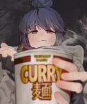  1girl :t blue_hair blurry blurry_foreground fingerless_gloves food gloves hair_bun highres holding holding_food leadin_the_sky ramen shima_rin solo violet_eyes yurucamp 