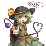  1girl aiming aiming_at_viewer bow buttons diamond_button english_text frilled_shirt_collar frilled_sleeves frills green_eyes green_hair green_skirt gun hat heart heart_of_string heripantomorrow highres holding holding_gun holding_weapon komeiji_koishi looking_at_viewer open_mouth ribbon shirt short_hair simple_background skirt smile solo third_eye touhou upper_body weapon wide_sleeves yellow_ribbon 
