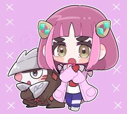  1girl chibi commentary_request crossed_arms excadrill eyelashes full_body grey_eyes jacket lacey_(pokemon) medium_hair pandakokkopanda pink_jacket pokemon pokemon_(creature) pokemon_sv purple_background purple_hair simple_background snout v-shaped_eyebrows 