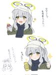  1girl black_scarf blue_archive blush can closed_mouth corrupted_twitter_file food green_eyes green_jacket grey_hair halo hare_(blue_archive) hare_(camp)_(blue_archive) hat highres holding holding_can holding_food jacket long_hair long_sleeves mochigome_(ununquadium) multiple_views open_mouth ponytail scarf simple_background smile sweet_potato thumbs_up translation_request white_background white_headwear 