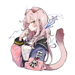  1girl animal_ears arknights blue_jacket blush cat_ears cat_girl cat_tail extra_ears floppy_ears goldenglow_(arknights) hair_down higashi_shino jacket open_clothes open_jacket pink_hair pink_jacket shirt simple_background solo sweatdrop tail upper_body white_background white_shirt yellow_eyes 