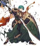 1boy axe battle_axe cape damaged ephraim_(fire_emblem) ephraim_(twin_refulgence)_(fire_emblem) ephraim_(twin_refulgence)_(resplendent)_(fire_emblem) fire_emblem fire_emblem:_the_sacred_stones fire_emblem_heroes gold_trim green_eyes highres holding holding_axe holding_shield non-web_source official_alternate_costume official_art red_cape shield solo torn_cape torn_clothes weapon 