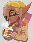  1girl bare_shoulders blonde_hair collarbone colored_eyelashes commentary_request cup dark-skinned_female dark_skin frye_(splatoon) gradient_hair grey_background holding holding_cup isamu-ki_(yuuki) multicolored_hair parted_lips pointy_ears purple_hair short_hair simple_background solo splatoon_(series) splatoon_3 star-shaped_pupils star_(symbol) steam symbol-shaped_pupils tentacle_hair two-tone_hair upper_body yellow_eyes 