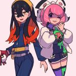  2girls belt belt_buckle black_hair bracelet buckle buttons carmine_(pokemon) collared_shirt commentary_request dynamax_band eyelashes eyeshadow fanny_pack gloves hairband hands_up holding holding_poke_ball jacket jewelry klara_(pokemon) long_hair looking_at_viewer makeup multiple_girls one_eye_closed open_clothes open_jacket pants partially_fingerless_gloves pink_hair poke_ball poke_ball_(basic) pokemon pokemon_sv pokemon_swsh red_gloves ring shirt shorts single_glove smile thigh-highs tyako_089 violet_eyes white_hairband white_jacket yellow_bag yellow_hairband 