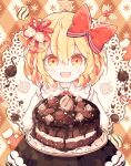  1girl bell blonde_hair bow cake chocolate_cake christmas fang food hair_bell hair_bow hair_ornament highres looking_at_viewer open_mouth red_bow red_eyes ro.ro rumia shirt short_hair solo touhou white_shirt 