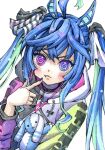  1girl :t @_@ absurdres ahoge animal_ears aqua_hair black_nails blue_eyes blue_hair blush bow closed_mouth commentary crossed_bangs drawstring finger_to_mouth hair_bow hand_up heterochromia highres hood hoodie horse_ears horse_girl long_hair long_sleeves looking_at_viewer multicolored_clothes multicolored_hair multicolored_hoodie nail_polish painting_(medium) pointing pointing_at_self pout sidelocks solo striped striped_bow stuffed_animal stuffed_rabbit stuffed_toy traditional_media twin_turbo_(umamusume) twintails two-tone_hair umamusume upper_body v-shaped_eyebrows violet_eyes watercolor_(medium) white_background yuika_b1ue 