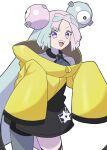 1girl :d bow-shaped_hair character_hair_ornament commentary_request green_hair grey_shirt hair_ornament happy highres iono_(pokemon) jacket kusunoki_toona long_hair looking_at_viewer multicolored_hair open_mouth pink_hair pokemon pokemon_sv shirt single_leg_pantyhose sleeveless sleeveless_shirt sleeves_past_fingers sleeves_past_wrists smile solo star_(symbol) star_print teeth thigh_strap tongue twintails two-tone_hair upper_teeth_only violet_eyes yellow_jacket