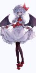  1girl absurdres ascot bat_wings closed_mouth clothes_lift commentary_request dress dress_lift full_body grey_hair hat hat_ribbon highres lifted_by_self looking_at_viewer mob_cap red_ascot red_eyes red_footwear red_ribbon remilia_scarlet ribbon short_hair short_sleeves simple_background solo tadano1129 touhou white_dress white_headwear wings wrist_cuffs 